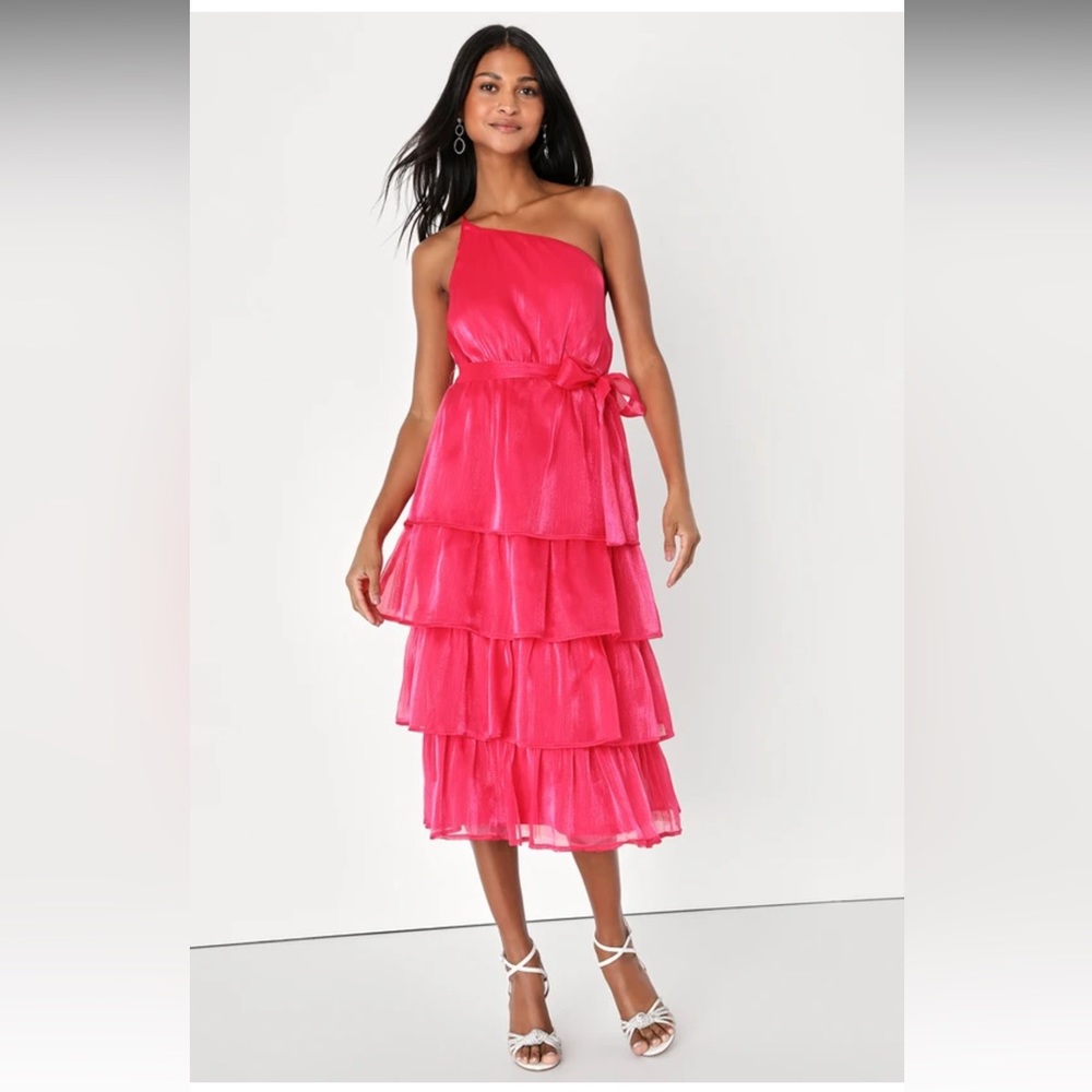 Lulus Sweetest Success Hot Pink Organza Tiered One-Shoulder Midi Dress